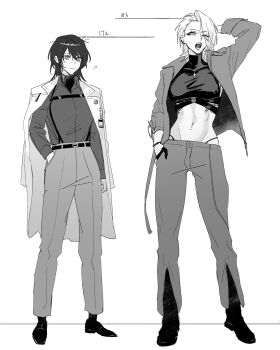 2girls arm_up chest_strap chief_(path_to_nowhere) coat coat_on_shoulders collared_shirt commentary_request crop_top ear_piercing female_chief_(path_to_nowhere) greyscale hand_in_pocket height highleg highleg_panties highres isakuu jacket jewelry long_hair looking_at_viewer medium_hair midriff monochrome multiple_girls necklace one_eye_closed open_clothes open_jacket open_mouth panties pants path_to_nowhere piercing shirt standing toned toned_female underwear zoya_(path_to_nowhere)