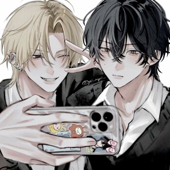 Rule 34 | 2boys, absurdres, black hair, black sweater vest, blonde hair, bow, cellphone, closed mouth, collared shirt, commentary request, earrings, eyes visible through hair, fang, grey eyes, hair between eyes, highres, holding, holding phone, iphone, jewelry, lips, male focus, mole, mole on cheek, mole on neck, mole under eye, multiple boys, multiple moles, one eye closed, original, oysi mysi, partially unbuttoned, phone, pink bow, shirt, smartphone, smile, sticker, sweater vest, teeth, v, watermark