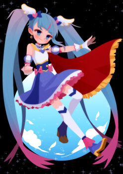 Rule 34 | 1girl, absurdres, bare shoulders, blue boots, blue eyes, blue hair, blue skirt, boots, bow, cape, clenched hand, commentary, cure sky, detached sleeves, dress, dress bow, earrings, full body, gloves, hair ornament, highres, hirogaru sky! precure, jewelry, long hair, looking at viewer, magical girl, pink bow, precure, puffy detached sleeves, puffy sleeves, purple hair, red cape, skirt, sleeveless, sleeveless dress, solo, sora harewataru, thighhighs, twintails, white gloves, white thighhighs, wing hair ornament, yorita genyu
