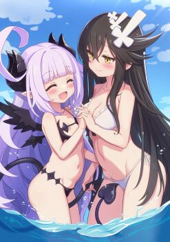 2girls absurdres ahoge bikini black_bikini black_hair black_wings breasts cleavage closed_eyes commentary_request commission demon_girl demon_tail faust_(makai_shin_trillion) highres holding_hands horns long_hair makai_shin_trillion medium_breasts multiple_girls navel outdoors pointy_ears ruche skeb_commission small_breasts smile swimsuit tail very_long_hair water white_bikini wings yellow_eyes zusshii_(libertasgenesis)