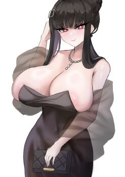 1girl absurdres bag bead_necklace beads black_hair blue_archive blush breasts cleavage clutch_purse commentary english_commentary hair_bun hair_ornament handbag highres holding holding_bag huge_breasts jewelry kardia_(618099) long_hair necklace red_eyes ringed_eyes rio_(blue_archive) simple_background smile solo white_background