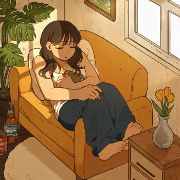 1girl barefoot beer_bottle black_hair black_pants book closed_eyes closed_mouth collarbone couch day flower_pot highres holding holding_book indoors long_hair lying on_back on_couch on_pillow original pants plant potted_plant sihyun25 sleeping solo tank_top vase white_tank_top window