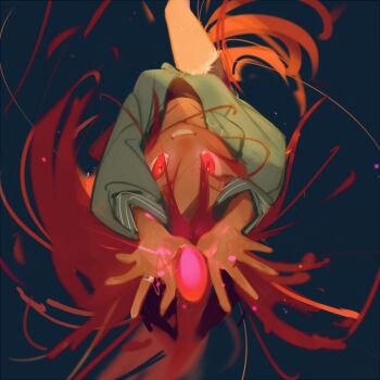 1girl black_ribbon blue_background denim denim_shorts feet_out_of_frame glowing glowing_eyes green_hood grin hair_between_eyes hair_ribbon henshin highres long_hair looking_at_viewer magical_girl mahou_shoujo_madoka_magica outstretched_arms parted_bangs red_eyes red_hair ribbon sakura_kyoko she_li_(lynxm) shorts sketch smile solo upside-down