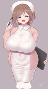 Rule 34 | 1girl, alternate breast size (larger), alternate costume, blue eyes, blush, breasts, brown hair, cardigan, clipboard, collared dress, commentary request, covered navel, cropped legs, curvy, dress, gakuen idolmaster, hat, highres, himesaki rinami, holding, holding clipboard, holding pen, huge breasts, idolmaster, impossible clothes, impossible dress, long hair, nurse, nurse cap, pantyhose, pen, pink cardigan, ryukishi, signature, simple background, smile, solo, taut clothes, white dress, white hat, white pantyhose