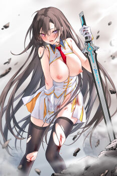 1girl absurdres bai_winchester bare_shoulders between_breasts black_thighhighs bleeding blood blood_on_clothes blood_on_leg blush breasts breasts_out brown_hair closers devil_heavens gloves heterochromia highres holding holding_sword holding_weapon injury long_hair looking_at_viewer necktie necktie_between_breasts nipples open_mouth purple_eyes red_eyes red_necktie shirt skirt sleeveless sleeveless_shirt solo sword thighhighs torn_clothes two-tone_skirt very_long_hair weapon white_gloves white_shirt white_skirt