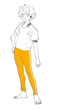 1boy barefoot bulge feet highres jeong_surim leggings looking_at_viewer male_focus parkgee sanpaku short_hair solo spot_color standing suicide_boy tattoo yellow_leggings