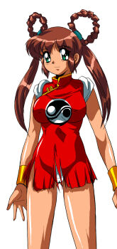 Rule 34 | 1990s (style), bracelet, breasts, brown hair, cameltoe, eyeball (artist), green eyes, highres, jewelry, mamono hunter youko, mano youko, panties, torn clothes, twintails, underwear