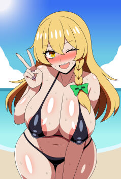 1girl absurdres alternate_breast_size_(larger) areola_slip beach bikini black_bikini blonde_hair blue_sky blush bow braid breasts cleavage commentary_request covered_erect_nipples cowboy_shot day double-parted_bangs green_bow hair_between_eyes hair_bow hand_up highres huge_breasts kirisame_marisa leaning_forward long_hair looking_at_viewer navel one_eye_closed open_mouth outdoors shiny_skin single_braid sky smile solo ssaf_seibeupail sun swimsuit thighs touhou v wet yellow_eyes