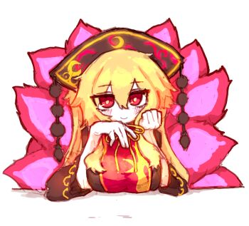 Rule 34 | 1girl, black dress, blonde hair, blush, breast rest, breasts, closed mouth, commentary, crescent, dalachi (headdress), dress, hair between eyes, junko (touhou), korean commentary, large breasts, long hair, long sleeves, looking at viewer, neck ribbon, rampa93, red eyes, red tabard, ribbon, simple background, smile, tabard, touhou, white background, wide sleeves, yellow ribbon