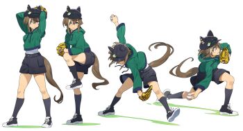 Rule 34 | 1girl, animal ears, ball, baseball, baseball (object), baseball glove, black shorts, black socks, blue eyes, breasts, brown hair, cheval grand (casual) (umamusume), cheval grand (umamusume), closed mouth, ear covers, ears through headwear, green hoodie, hair between eyes, hat, highres, holding, hood, hood down, hoodie, horse ears, horse girl, horse tail, long sleeves, multicolored hair, multiple girls, nishiki kazue, pitching, shirt, shoes, shorts, socks, standing, standing on one leg, streaked hair, tail, umamusume, white hair, white shirt