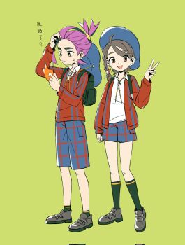 Rule 34 | 1boy, 1girl, black hair, black socks, blue shorts, braid, brown eyes, brown hair, brown shoes, cardigan, collared shirt, commentary request, corrupted twitter file, green background, hair ornament, hat, hat on back, highres, jacket, juliana (pokemon), kieran (pokemon), long sleeves, looking at viewer, mole, mole on neck, multicolored hair, nekoniko777, nintendo, open clothes, open jacket, open mouth, pokemon, pokemon sv, purple hair, red cardigan, red jacket, shirt, shoes, short shorts, shorts, simple background, socks, standing, sweat, translation request, v, white shirt, yellow eyes