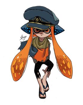1girl agent_3_(splatoon) artist_name behind-the-head_headphones black_leggings black_sandals blue_hat captain_3_(splatoon) closed_mouth collarbone commentary_request full_body grey_shirt hat headphones highres inkling leggings long_hair nintendo orange_eyes orange_hair patchwork_clothes peaked_cap sandals shirt shogo_(shogo70449442) simple_background solo splatoon_(series) splatoon_3 tentacle_hair torn_clothes torn_leggings twintails very_long_hair white_background