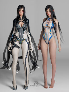 1girl 3d billyhhyb black_hair blue_eyes bodysuit breasts center_cross_lace choker cleavage commentary company_connection covered_navel cross-laced_clothes cross-laced_one-piece_swimsuit dual_persona goddess_of_victory:_nikke grey_bodysuit highleg highleg_one-piece_swimsuit highres large_breasts lips long_hair looking_at_viewer midsummer_alice_(stellar_blade) multicolored_bodysuit nose one-piece_swimsuit parted_lips patreon_username photorealistic raven_(midsummer_alice)_(nikke) raven_(stellar_blade) raven_suit_(stellar_blade) realistic see-through_clothes see-through_one-piece_swimsuit shift_up signature silver_bodysuit skindentation stellar_blade swimsuit two-tone_bodysuit very_long_hair white_choker white_one-piece_swimsuit