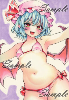 1girl armpits bat_wings bikini blue_hair blush breasts commentary_request halterneck hat hat_ribbon looking_at_viewer miyakooo0420 mob_cap navel open_mouth outstretched_arms pink_bikini pink_hat pointy_ears red_eyes remilia_scarlet ribbon sample_watermark small_breasts smile solo spread_arms stomach swimsuit touhou traditional_media watermark wings