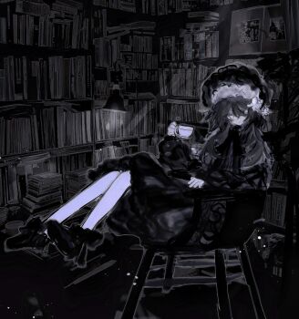 1girl absurdly_detailed_composition akama_chlorine armrest black_hat black_shoes book chair closed_mouth cup desk_lamp flower frilled_hat frills grey_hair hair_between_eyes hair_flower hair_ornament hand_up hat highres holding holding_cup indoors lamp loaded_interior long_hair long_sleeves looking_at_viewer messy_hair on_chair original shelf shoes sitting smoke solo white_flower