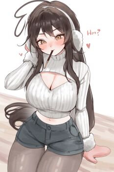 ahoge blush breasts brown_eyes brown_hair cleavage cleavage_cutout clothing_cutout commentary double-parted_bangs earmuffs english_commentary food food_in_mouth heart heart_ahoge highres huge_ahoge indie_virtual_youtuber large_breasts leggings long_hair long_sleeves midriff mittens navel pocky pocky_in_mouth shorts sidelocks skindentation sky_above_me sky_above_me_(vtuber) sweater turtleneck turtleneck_sweater virtual_youtuber