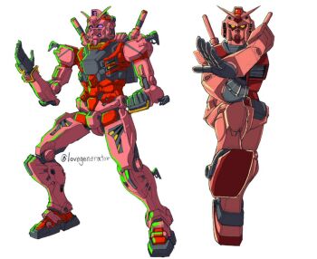 Rule 34 | armor, artist name, casval's gundam, fighting stance, gundam, gundam gquuuuuux, kin-san (sasuraiga), looking at viewer, mecha, mecha focus, mobile suit, ninja slayer, no humans, purple eyes, red gundam, robot, rx-78-2 gundam, science fiction, simple background, spoilers, twitter, twitter username, v-fin, white background, yellow eyes
