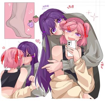 Rule 34 | 2girls, alrine, black pantyhose, black tank top, cellphone, commentary, doki doki literature club, english commentary, fang, food, fruit, grapes, grey sweater, hair ornament, hairclip, heart, highres, holding, holding phone, hug, hug from behind, imminent kiss, long hair, looking at viewer, multiple girls, natsuki (doki doki literature club), pantyhose, phone, pink hair, puckered lips, purple eyes, purple hair, short hair, simple background, skin fang, smartphone, strawberry, sweater, tank top, tiptoes, two side up, white background, yuri, yuri (doki doki literature club)