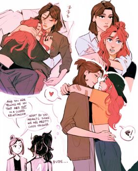 3girls arms_around_neck bandaid bandaid_on_arm baseball_cap black_hat black_nails black_shirt brown_cardigan brown_eyes brown_hair cardigan claradearte commentary cuddling english_commentary english_text hat heart highres hug long_hair mole mole_under_eye multiple_girls original ponytail purple_eyes red_hair shirt short_ponytail simple_background speech_bubble spoken_heart white_background white_shirt yellow_shirt yuri zzz