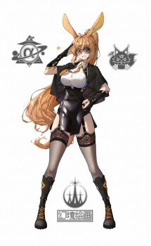 1girl absurdres animal_ears black_boots black_capelet black_thighhighs boots breasts capelet commentary_request eyebrows_hidden_by_hair full_body garter_belt genkyopainting hair_between_eyes highres lace lace-trimmed_thighhighs lace_trim large_breasts long_hair looking_at_viewer necktie open_mouth orange_eyes orange_hair orange_necktie original ponytail rabbit_ears rabbit_girl round_eyewear salute shirt simple_background smile solo sunglasses teeth thighhighs very_long_hair white_background white_shirt