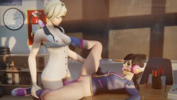 2girls 3d academy_d.va age_difference animated ball_gag bdsm blonde_hair bondage bottomless bound braid breasts classroom clock d.va_(overwatch) dildo dreamrider3d fire_extinguisher gag glasses headphones mercy_(overwatch) multiple_girls nipples object_insertion on_table overwatch overwatch_1 school_uniform sex_toy shoes socks table tagme teacher_and_student vaginal vaginal_object_insertion video yuri