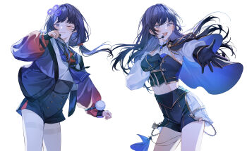 Rule 34 | absurdres, blue eyes, blue hair, blue neckerchief, blush, cape, cowboy shot, floating hair, gloves, hand up, headset, highres, long hair, long sleeves, mameko (l8 w3), midriff, navel, neckerchief, nijisanji, one eye closed, open mouth, pantyhose, ponto nei, reaching, skirt, two-tone skirt, white background, white pantyhose