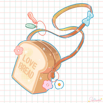 Rule 34 | artist name, bag, blue bow, bow, commentary request, flower, food-themed bag, highres, hiro046k, no humans, object focus, original, pink flower