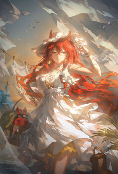1girl animal_ears arknights bag breasts commentary crossed_bangs dress ears_through_headwear english_commentary hair_between_eyes hat helen_zzhao highres holding holding_bag horse_ears horse_girl large_breasts long_hair looking_at_viewer narantuya_(arknights) parted_lips red_eyes red_hair solo white_dress white_hat