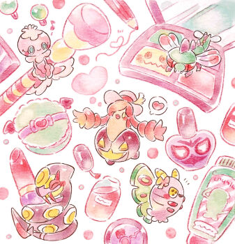 arbok colored_pencil colored_pencil_(medium) commentary_request cosmetics dustox frillish frillish_(female) gen_1_pokemon gen_2_pokemon gen_3_pokemon gen_4_pokemon gen_5_pokemon gen_6_pokemon gen_7_pokemon gourgeist highres lipstick makeup makeup_palette mimikyu musical_note nail_polish_bottle nintendo no_humans painting_(medium) pencil pink_theme pokemon pokemon_(creature) powder_puff seviper simple_background traditional_media watercolor_(medium) white_background wobbuffet woobat yanmega yukichi_0611