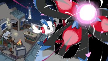 Rule 34 | 1boy, az (pokemon), black shoes, blacknirrow, bottle, building, cane, chair, closed mouth, commentary, couch, door, energy, english commentary, fire, floette, floette (eternal), gen 6 pokemon, hair over one eye, highres, holding, holding cane, in-universe location, long hair, long sleeves, mega floette, mega pokemon, night, nintendo, old, old man, on chair, on rooftop, open mouth, outline, plant, planter, pokemon, pokemon (creature), pokemon focus, pokemon legends: z-a, potted plant, prism tower, shoes, sitting, sky, smile, star (sky), starry sky, table, tower, wall lamp, watering can, white hair, white outline, window, wooden table