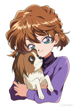 Rule 34 | 1girl, absurdres, animal, bisho imobing hito, blue eyes, closed mouth, commentary request, cropped torso, dog, haibara ai, highres, holding, holding animal, holding dog, long sleeves, meitantei conan, purple shirt, shirt, short hair, simple background, smile, solo, upper body, white background