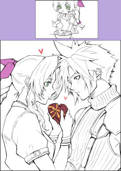 Rule 34 | 1boy, 1girl, aerith gainsborough, apron, arm behind back, armor, bangle, blue eyes, blush, border, box, bracelet, braid, braided ponytail, cloud strife, commentary request, earrings, final fantasy, final fantasy vii, final fantasy vii remake, furrowed brow, green eyes, hair between eyes, hair ribbon, heart-shaped box, highres, jewelry, looking at another, mixing bowl, parted bangs, parted lips, pauldrons, pink ribbon, purple border, ribbed shirt, ribbon, rino han, shirt, short hair, short sleeves, shoulder armor, sidelocks, single bare shoulder, single braid, single earring, single pauldron, sketch, sleeveless, sleeveless turtleneck, spiked hair, suspenders, sweat, turtleneck, white background