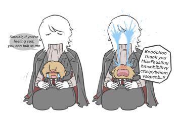 Rule 34 | > <, 1boy, 1girl, belt, belt buckle, black belt, black coat, black gloves, black pants, black vest, buckle, closed eyes, coat, coat on shoulders, collared shirt, crying, english text, facing up, facing viewer, faust (project moon), gloves, grey sleeves, highres, holding, holding mini person, limbus company, long sleeves, mini person, miniboy, necktie, ohzv, open mouth, pants, project moon, red coat, red necktie, ribbed sweater, seiza, shirt, short hair, sinclair (project moon), sitting, sitting on lap, sitting on person, speech bubble, streaming tears, suspender pants, sweater, tears, turtleneck, turtleneck sweater, two-sided coat, two-sided fabric, vest, white background, white shirt