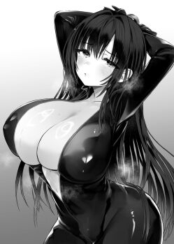 1girl agatsuma_saika arms_behind_head blush breasts gradient_background greyscale highres large_breasts long_hair mappaninatta mole mole_under_eye monochrome novel_illustration official_art partially_unzipped second-party_source solo sweat teniireta_saimin_app_de_yume_no_harem_seikatsu_wo_okuritai