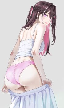 1girl absurdres ass azki_(hololive) bare_arms black_hair braid breasts camisole colored_inner_hair commentary_request dhbwinner from_behind grey_background hair_intakes hair_ornament hairclip half_up_half_down_braid highres hololive long_hair looking_at_viewer looking_back median_furrow medium_breasts mole mole_under_eye multicolored_hair panties parted_lips pink_hair pink_panties pink_streaks purple_eyes shoulder_blades simple_background skirt solo underwear undressing virtual_youtuber white_camisole white_skirt white_streaks