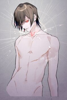 1boy arms_at_sides black_hair brown_hair closed_mouth code_geass collarbone completely_nude cropped_torso eyelashes glowing glowing_eye glowing_tattoo grey_background groin hair_between_eyes hair_over_one_eye highres lelouch_vi_britannia looking_at_viewer male_focus navel neck_tattoo no_nipples nude pectorals red_eyes scar scar_on_chest short_hair simple_background solo tattoo twitter_username upper_body ykmr_(haga)