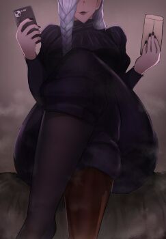 1girl absurdres boots cellphone crossed_legs envelope grey_hair hair_over_one_eye highres jujutsu_kaisen long_hair mappenkii mei_mei_(jujutsu_kaisen) open_mouth phone shoes single_shoe sitting smartphone steam