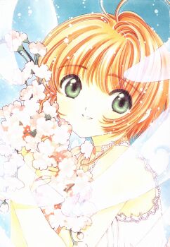1990s_(style) 1girl angel_wings antenna_hair bare_shoulders brown_hair cardcaptor_sakura cherry_blossoms child choker clamp female_focus flower flower_choker from_side green_eyes kinomoto_sakura name_connection object_namesake official_art retro_artstyle short_hair smile solo traditional_media wings