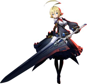 1girl ahoge arc_system_works blazblue blazblue:_entropy_effect blonde_hair blue_eyes braid braided_ponytail breasts center_frills dress es_(xblaze) flipped_hair frills full_body greatsword hair_between_eyes highres huge_ahoge huge_weapon katou_yuuki large_breasts long_hair long_sleeves necktie official_art oppai_loli pantyhose red_light red_necktie simple_background single_braid solo sword transparent_background underbust weapon xblaze