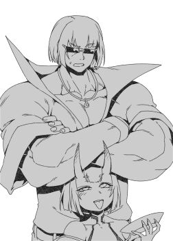 1boy 1girl bare_shoulders blush bowl_cut breasts collared_shirt crossed_arms cup eyeliner fate/grand_order fate_(series) greyscale headpiece height_difference highres horns japanese_clothes jewelry kimono makeup minew monochrome muscular muscular_male necklace oni open_mouth popped_collar sakata_kintoki_(fate) sakazuki shirt short_hair shuten_douji_(fate) sleeves_rolled_up small_breasts sunglasses tongue tongue_out