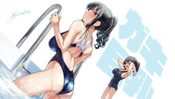 2girls age_difference ass black_hair blue_one-piece_swimsuit breasts competition_swimsuit copyright_name gaki_kyonyuu highleg highleg_one-piece_swimsuit kaedeko_(kaedelic) large_breasts multiple_girls one-piece_swimsuit oppai_loli original ponytail pool sasaki_kanna sasaki_miyuki school_swimsuit siblings simple_background sisters swimsuit text_background thighs twintails wet wet_clothes wet_swimsuit white_background