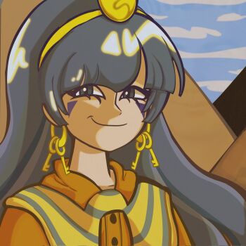 1girl ancient_egyptian ancient_egyptian_clothes blue_eyes blue_hair brown_shirt earrings egypt facial_tattoo fossilized_wonders gold_hairband gold_headdress gold_headwear great_pyramid_of_giza hairband highres jewelry key_earrings long_hair looking_at_viewer meme michigami_nareko nycteru pharaoh pyramid pyramid_(structure) shirt sky smile solo tattoo touhou usekh_collar white_pharaoh_(meme)