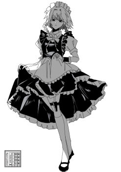 1girl absurdres apron arm_behind_back atelier_tefu clothes_pull commentary_request concealed_weapon dress_pull full_body greyscale hidden_weapon highres izayoi_sakuya kneehighs knife maid maid_apron maid_headdress monochrome pulling_own_clothes socks solo thigh_sheath touhou weapon white_background white_socks