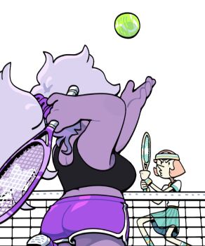 alternate_costume amethyst_(steven_universe) ball breasts colored_skin discount-supervillain large_breasts long_hair multiple_girls pearl_(species)_(steven_universe) pearl_(steven_universe) plump purple_skin racket short_shorts shorts shortstack sports_bra sportswear steven_universe tennis tennis_ball tennis_racket tennis_uniform toon_(style)