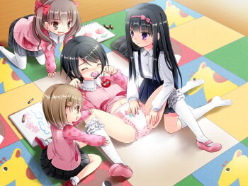 1boy 3girls age_difference androgynous blonde_hair blunt_bangs blush brown_eyes clothes_lift crossdressing diaper dress dress_lift feet flat_chest highres kazamatsuri_rio loli long_hair lying mary_janes multiple_girls no_shoes on_back pacifier pantyhose pleated_skirt purple_eyes ringo_sui shirt shoes short_hair shota skirt socks source_request spread_legs tenshi-tachi_no_warudakumi thighhighs trap uwabaki white_legwear white_shirt yuuko_(hana)