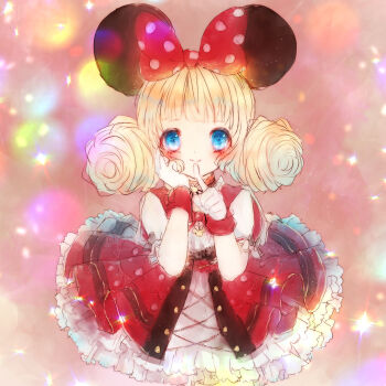1girl animal_ears blonde_hair blue_eyes blunt_bangs bow capelet choker circle_skirt closed_mouth cosplay cowboy_shot cross-laced_clothes cross-laced_skirt disney dot_nose double_bun dress dress_under_skirt epic_magic_minnie_(miracle_nikki) eyelashes fake_animal_ears finger_to_mouth frilled_dress frills hair_bow hair_bun hand_on_own_cheek hand_on_own_face highres light_blush light_particles looking_at_viewer minnie_mouse minnie_mouse_(cosplay) minnie_mouse_ears miracle_nikki nekoneko_gon nikki_(series) polka_dot polka_dot_bow puffy_short_sleeves puffy_sleeves red_bow red_capelet red_choker red_skirt red_wrist_cuffs short_dress short_hair short_sleeves showgirl_skirt skirt smile solo sparkle stage standing tareme white_dress wrist_bow wrist_cuffs
