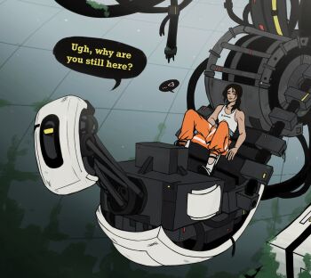 ... absurdres bare_shoulders black_hair breasts cable chell closed_mouth commentary english_commentary full_body glados heart highres indoors medium_breasts medium_hair muscular muscular_female obsmiechujek orange_pants pants portal_(series) robot shirt sitting speech_bubble tank_top white_shirt white_tank_top