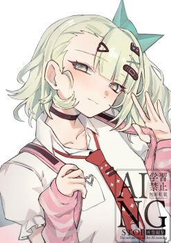 Rule 34 | 1girl, arm warmers, bandaid, bandaid hair ornament, black choker, blush, choker, collared shirt, commentary request, czc9q2, green eyes, green hair, hair ornament, head tilt, highres, looking at viewer, multiple hair clips, necktie, pink arm warmers, pink bag, red necktie, shirt, solo, striped arm warmers, sunna (zenless zone zero), upper body, white shirt, zenless zone zero