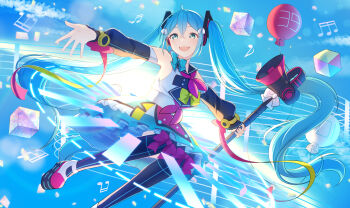 39 ahoge aqua_bow aqua_eyes aqua_hair balloon black_sailor_collar bow detached_sleeves dress hatsune_miku highres holding holding_megaphone long_sleeves looking_at_viewer magical_mirai_(vocaloid) magical_mirai_miku magical_mirai_miku_(2018) megaphone official_alternate_costume official_alternate_hairstyle open_mouth pink_bow sailor_collar smile vocaloid white_dress yellow_bow yomomo14