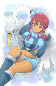 1girl beak bird blue_eyes boots breasts crop_top dark-skinned_female dark_skin gen_5_pokemon gloves highres kanikou7 large_breasts long_sleeves looking_to_the_side nintendo plump pokemon pokemon_bw red_hair shorts skyla_(pokemon) suspenders swanna thigh_strap wings